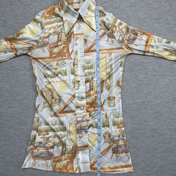 Vintage 70s Long Sleeve Collared Shirt With Retro Interior Design Print Size 7/8 - Picture 9 of 11